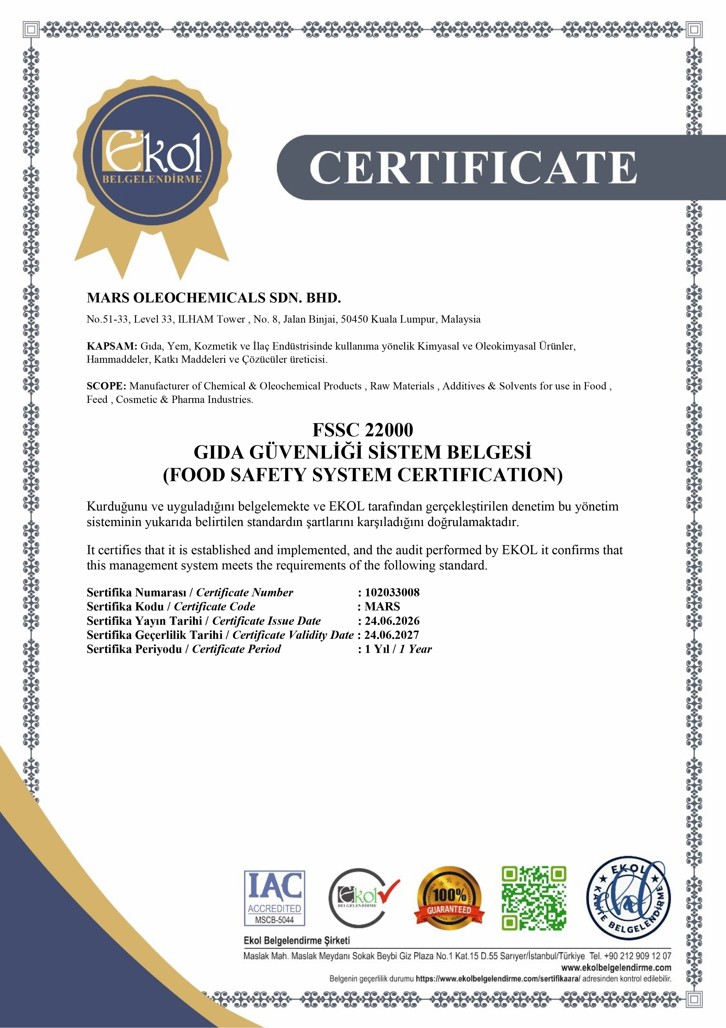 FSSC 22000 Certificate Malaysia Mars Oleochemicals