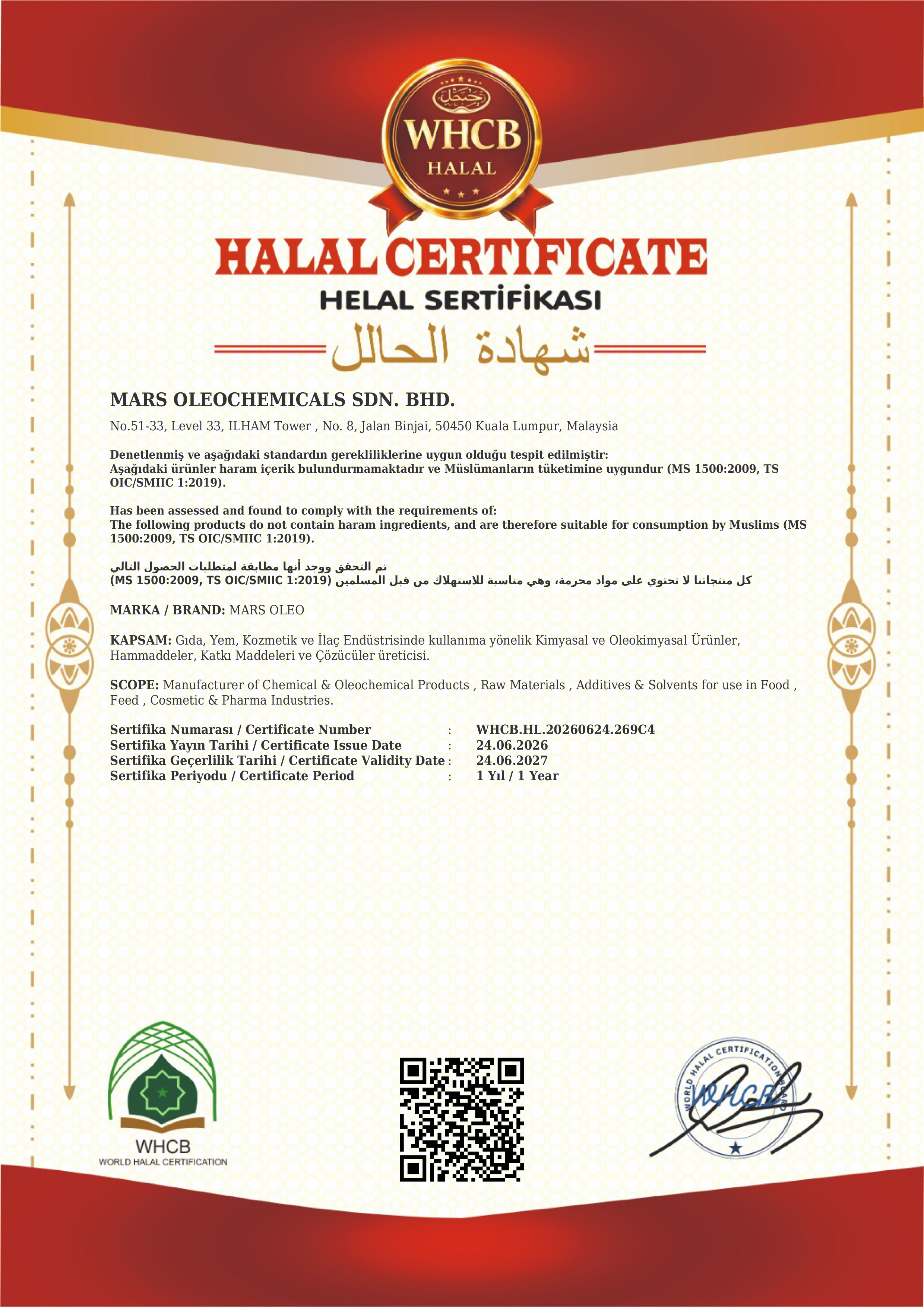 Halal Certificate Malaysia Mars Oleochemicals