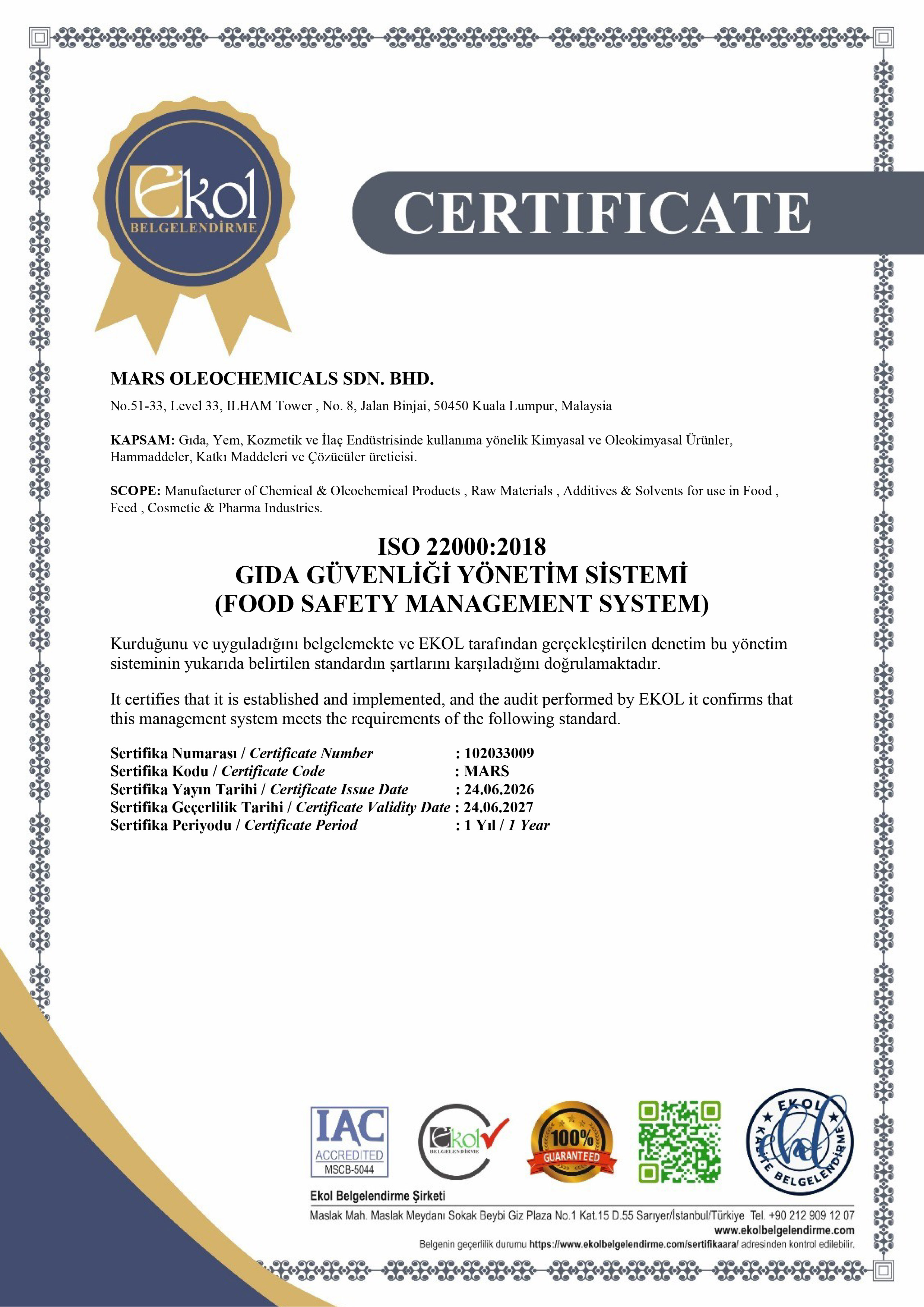ISO 22000-2018 Certificate Malaysia Mars Oleochemicals