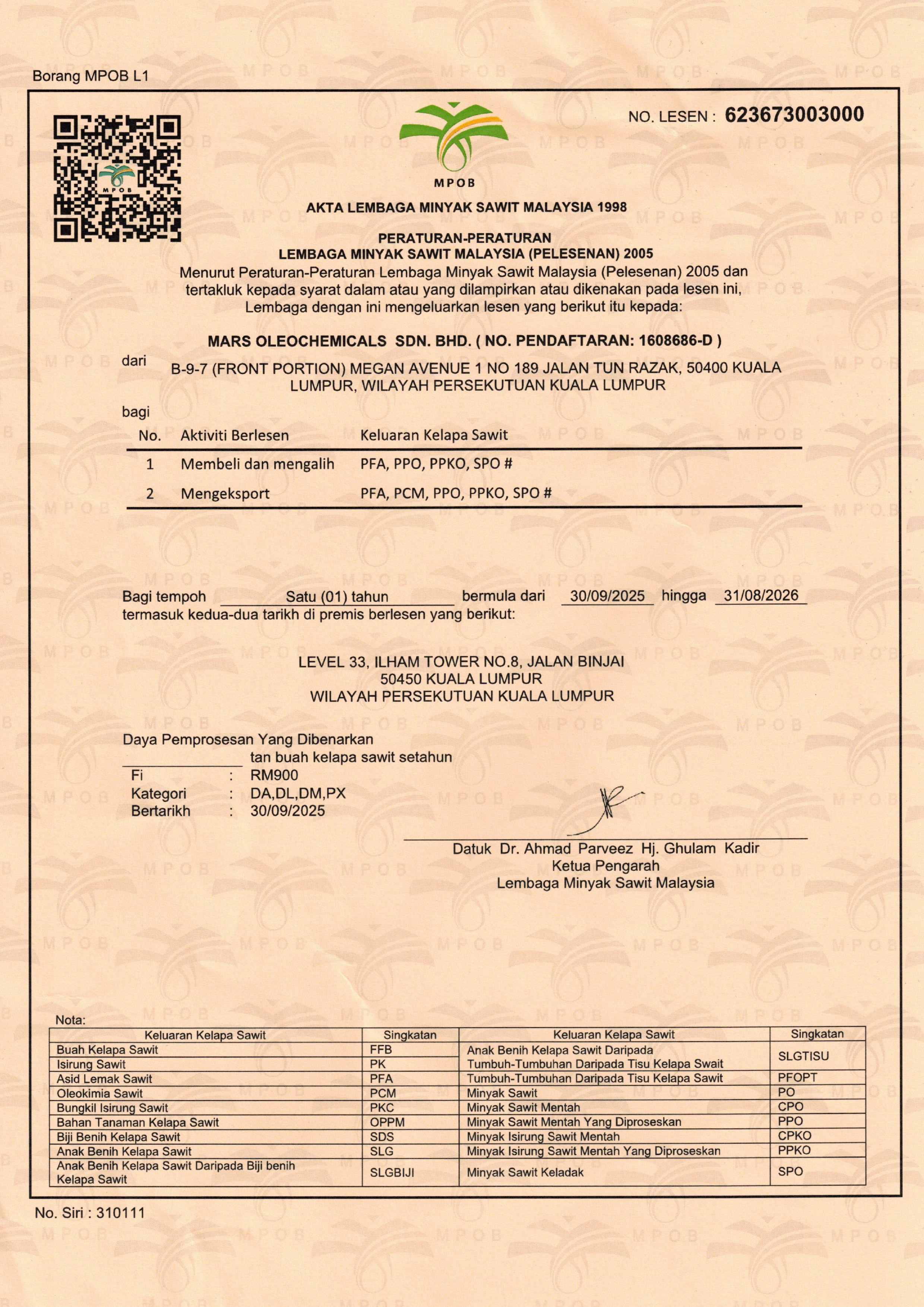 Malaysian Palm Oil Board (MPOB) License Mars Oleochemicals