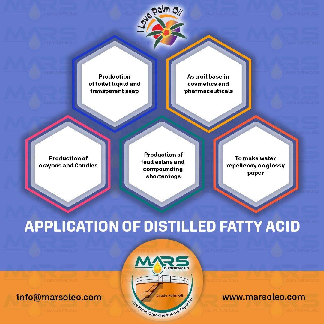 Applications of premium Malaysian Distilled Fatty Acid including transparent soap, cosmetics, pharmaceuticals, candles, food esters and industrial manufacturing.