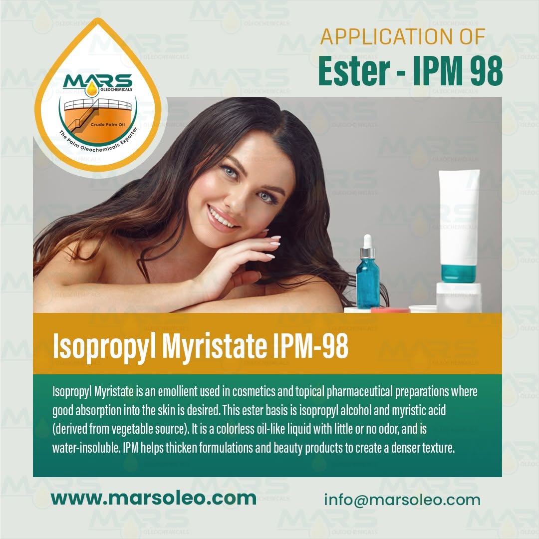 Isopropyl Myristate IPM-98 is a premium cosmetic ester used as an emollient, absorption enhancer, moisturizer, and texture improver in skincare and pharmaceutical formulations.