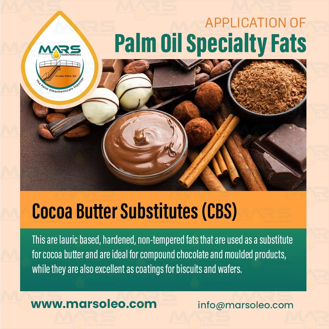 Palm Oil Specialty Fats are used to produce Cocoa Butter Substitutes for compound chocolate, confectionery coatings, wafers, biscuits, and moulded chocolate products.