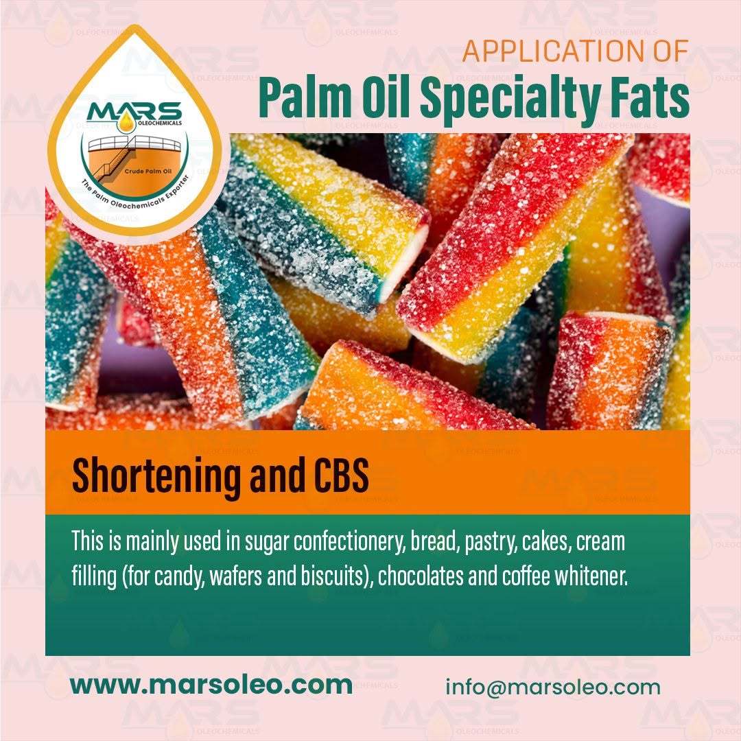 Palm Oil Specialty Fats used in shortening cocoa butter substitute confectionery bakery chocolate wafers biscuits and cream filling applications.