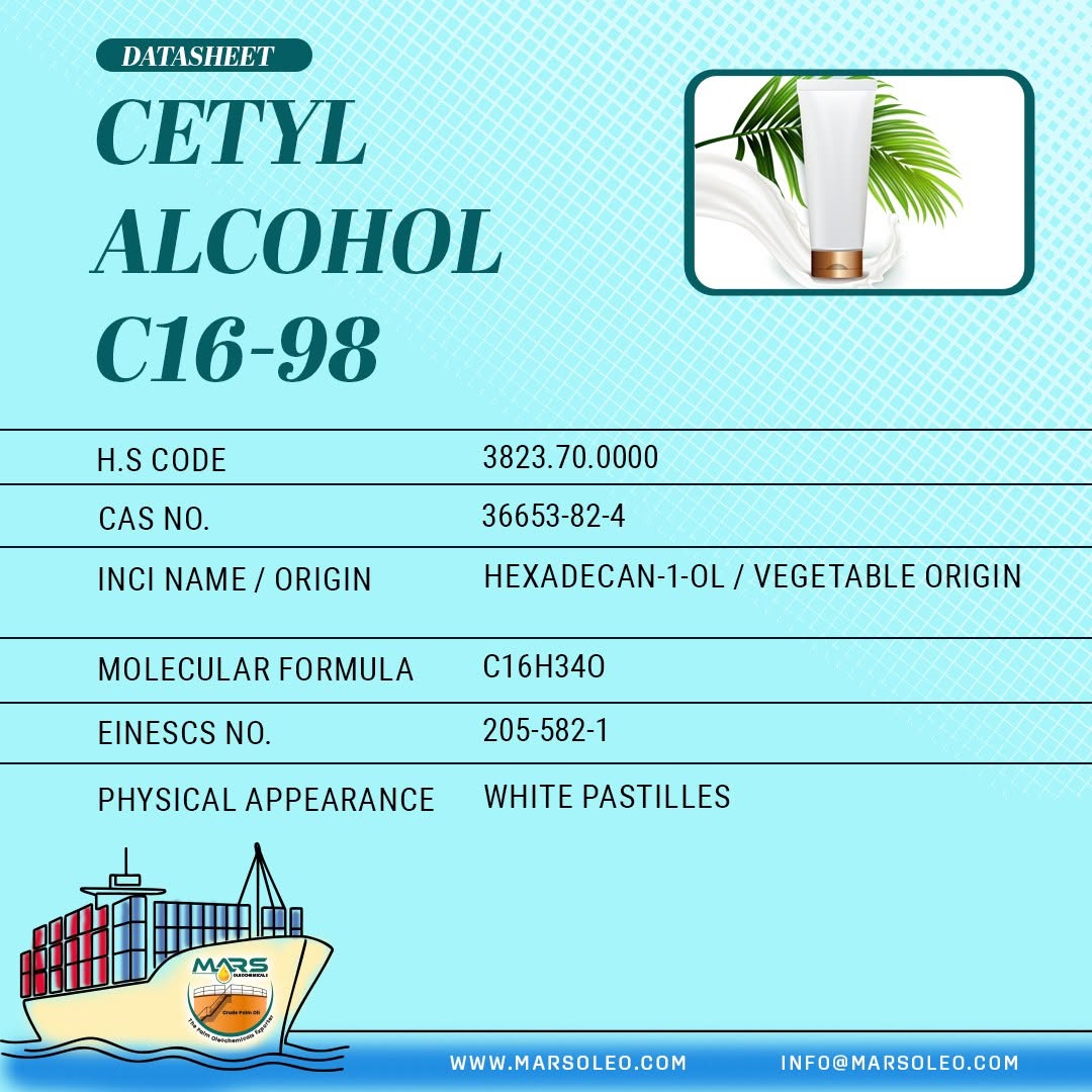Cetyl Alcohol C16-98 vegetable-derived C16 fatty alcohol for cosmetics, skincare and personal-care formulations.