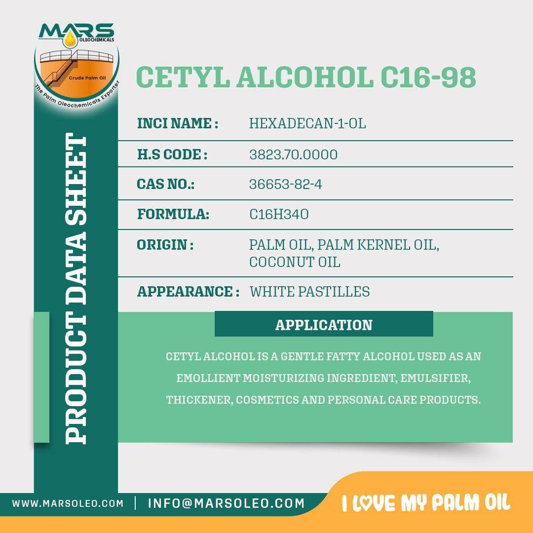 Cetyl Alcohol C16-98 product data sheet, vegetable oil origin, white pastilles and cosmetic and personal care applications