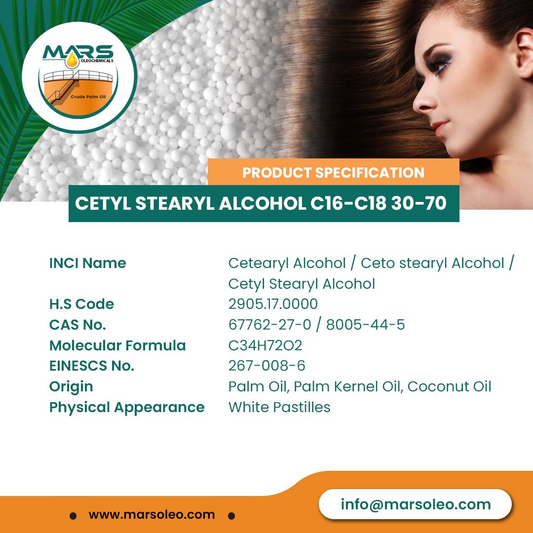 Cetyl Stearyl Alcohol C16-C18 30-70 Cetearyl Alcohol Malaysia supplier for cosmetics personal care and pharmaceutical applications