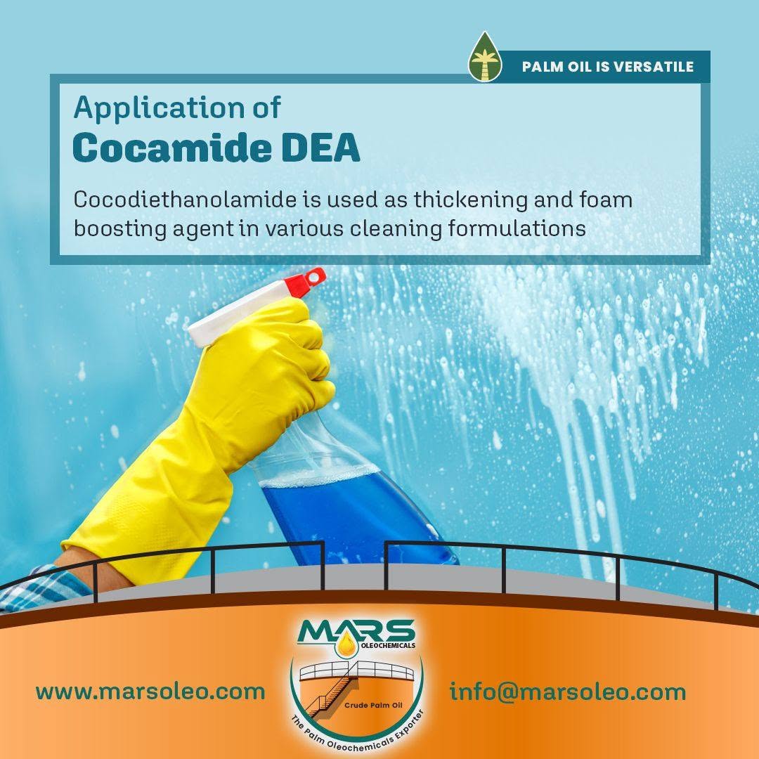 Gloved hand spraying glass cleaner Cocamide DEA applications as a foam booster and viscosity enhancer.