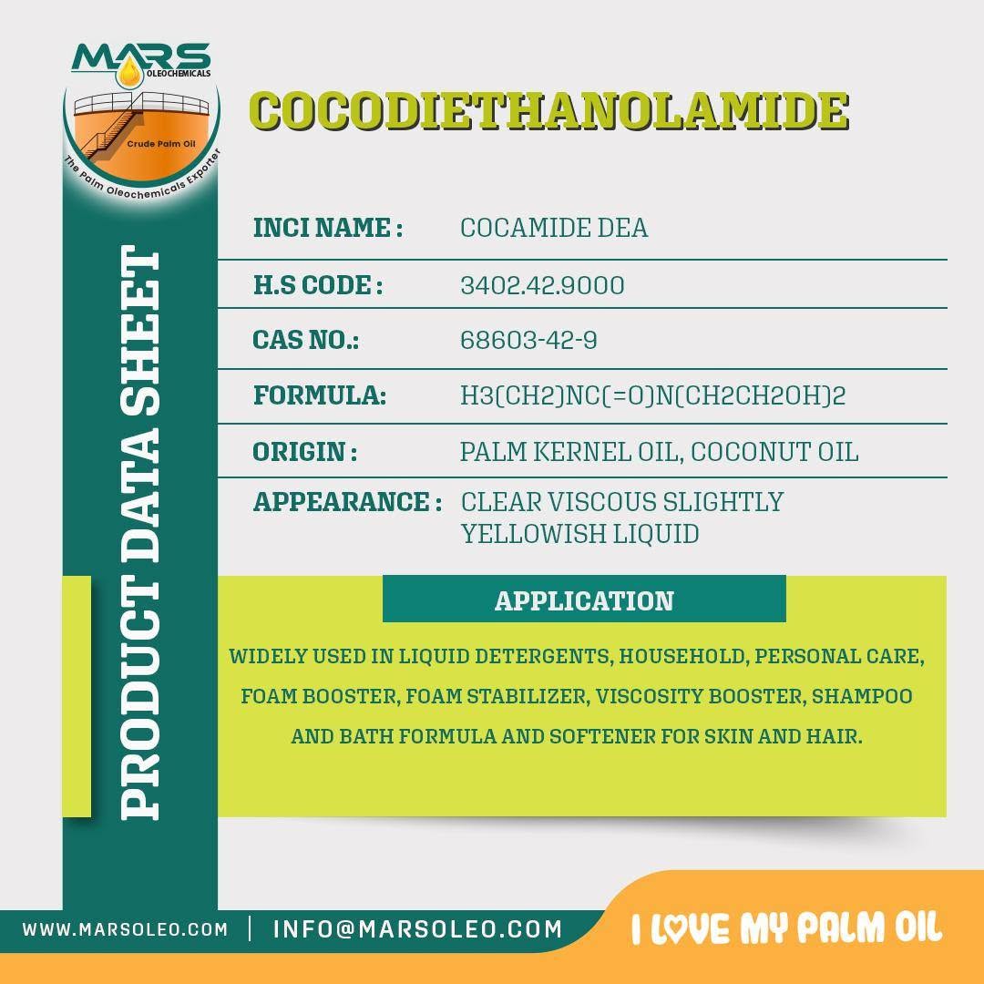 Cocamide DEA Cocodiethanolamide product data sheet palm kernel and coconut oil origin and detergent and personal care applications