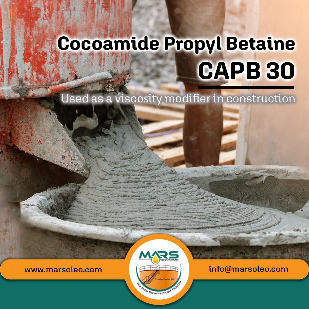 Cocamidopropyl Betaine CAPB 30 used as a viscosity-building ingredient in selected construction formulations, featuring wet concrete, construction equipment, company branding, website and contact email.