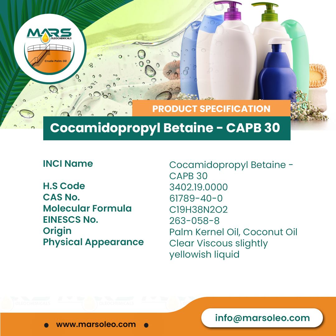 Cocamidopropyl Betaine (CAPB 30) Malaysia supplier for cosmetics personal care and pharmaceutical applications