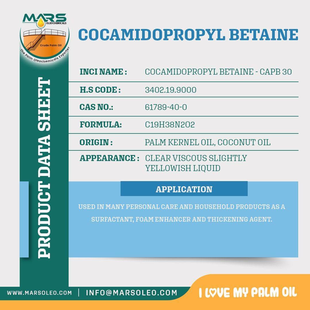 Cocamidopropyl Betaine CAPB 30 product data sheet palm kernel and coconut oil origin and personal care applications