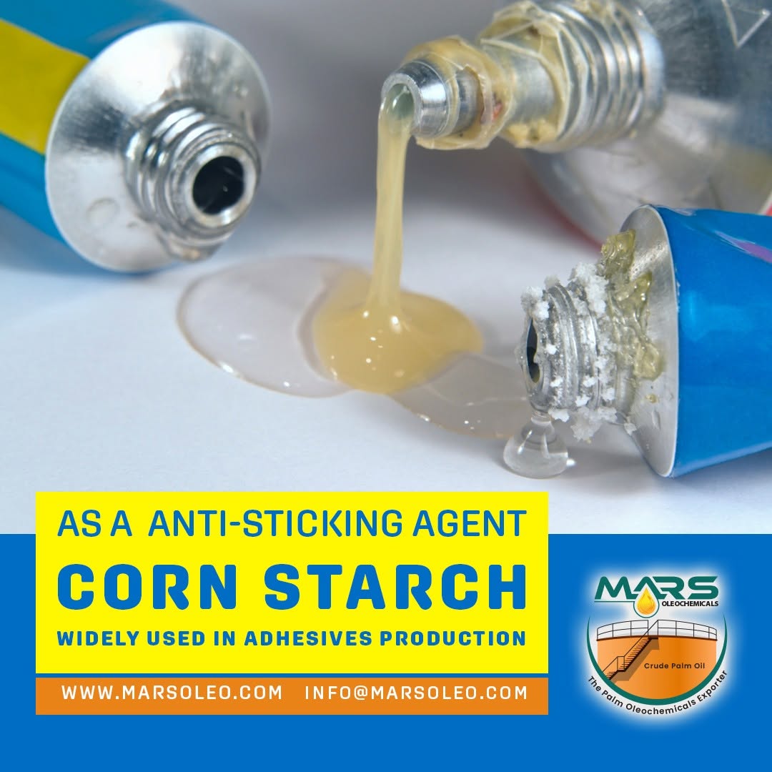 Mars Oleochemicals Corn Starch featuring adhesive tubes and industrial starch applications in adhesive manufacturing.