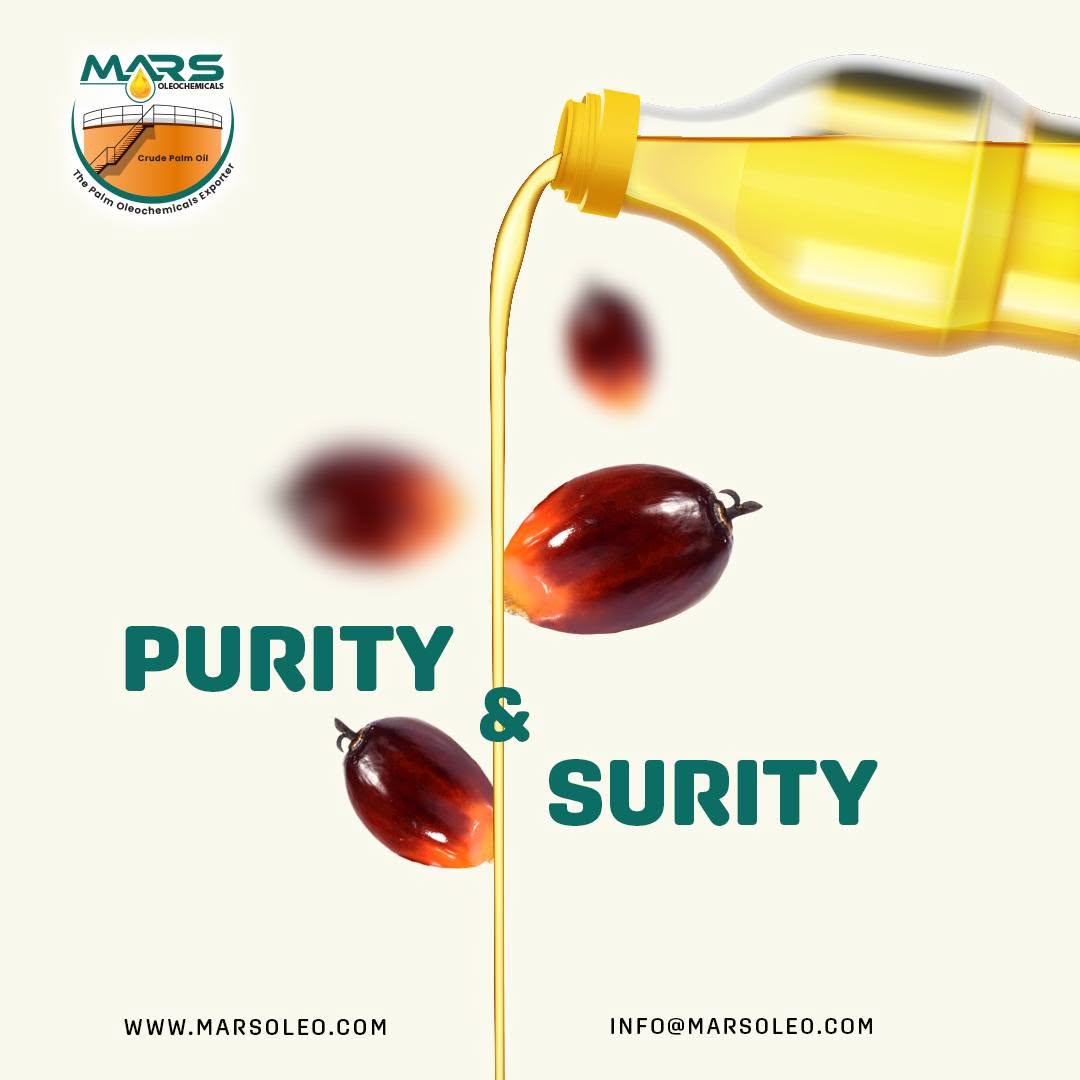 Mars Oleochemicals Crude Palm Oil quality featuring golden palm oil and ripe oil palm fruits representing specification-based quality verification