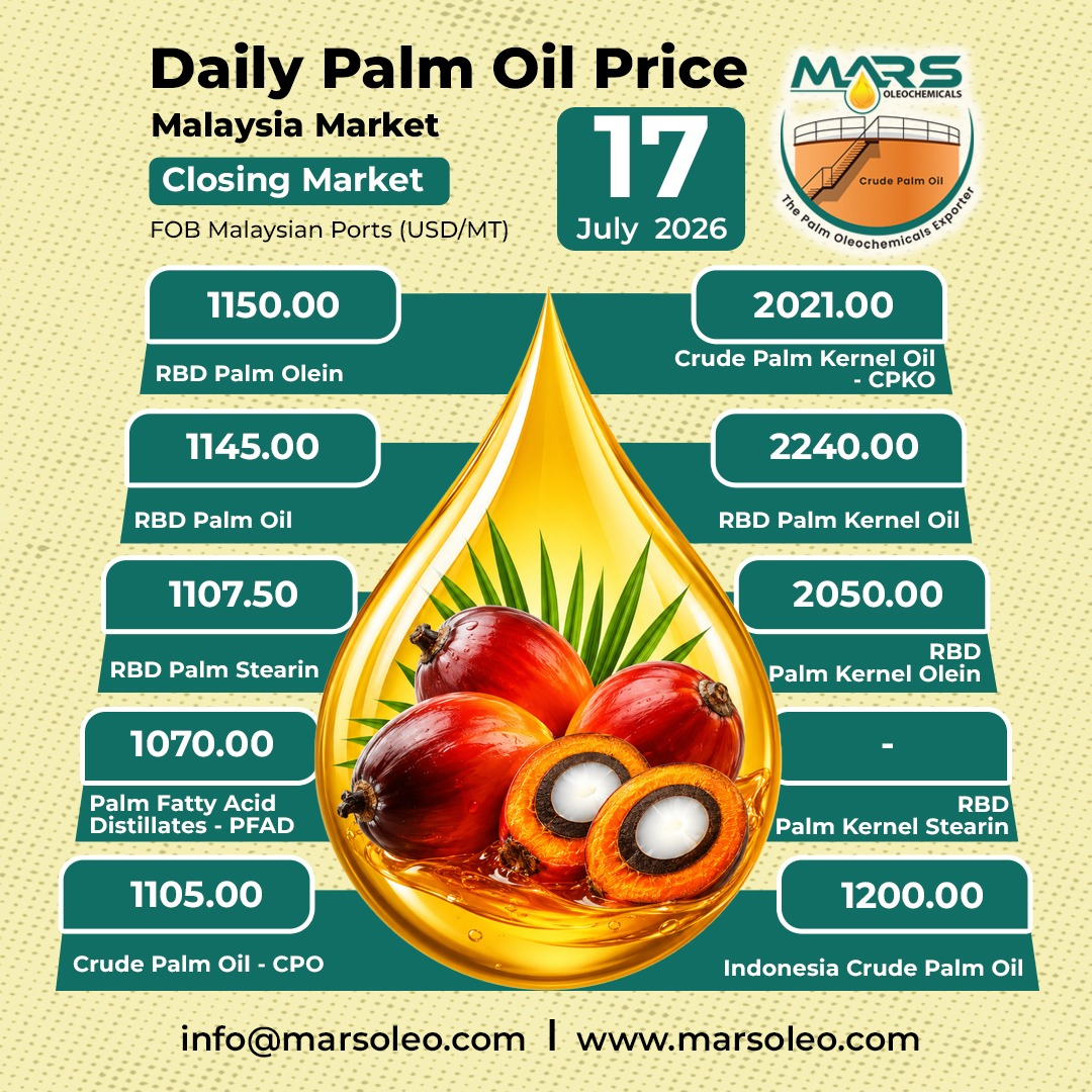 Daily Palm Oil Prices Malaysia Closing Market Update 17 July 2026 by Mars Oleochemicals Malaysia and Indonesia.