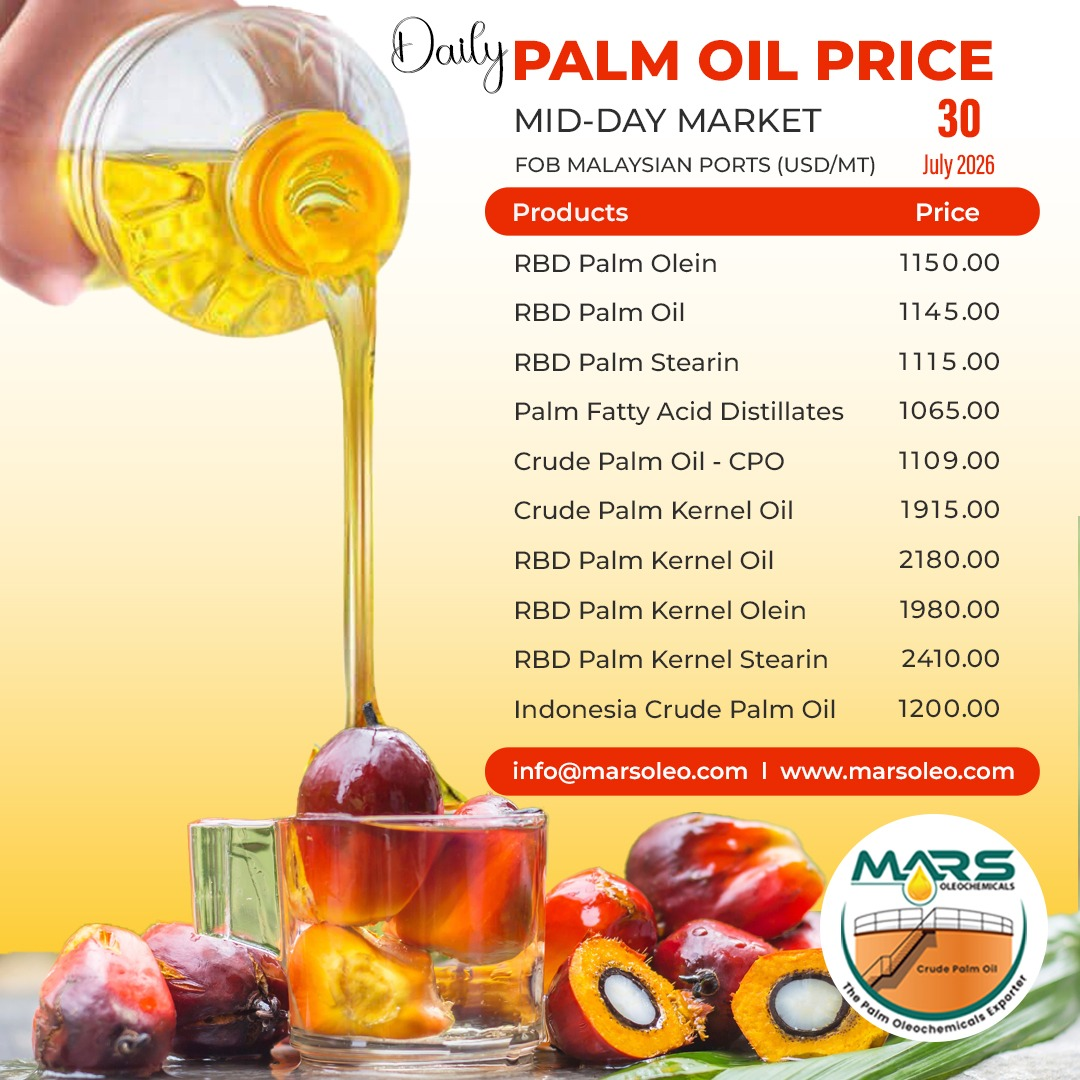 Daily Palm Oil Price Malaysia Mid Day Market 30 July 2026 FOB Malaysian Ports prices for palm oil and palm kernel oil products.
