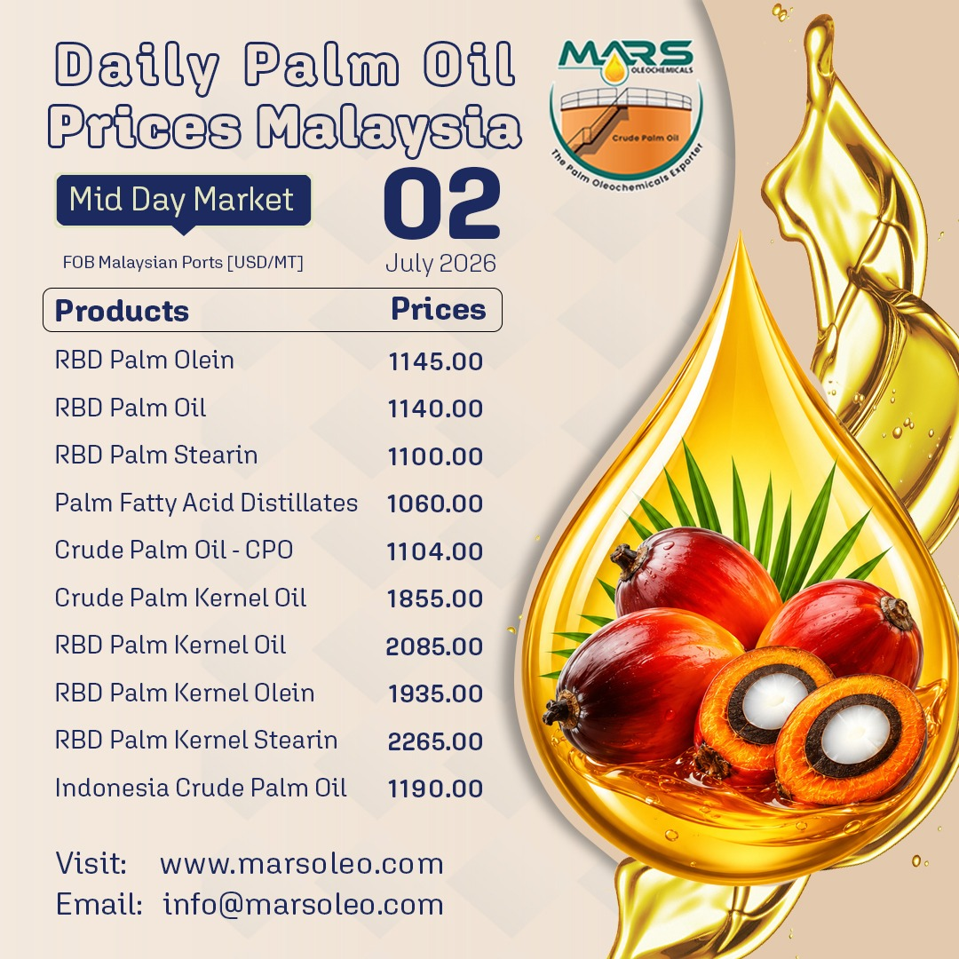 Daily Palm Oil Prices Malaysia Mid Day Market Update 02 July 2026 by Mars Oleochemicals showing FOB Malaysian Ports prices for RBD Palm Olein, RBD Palm Oil, RBD Palm Stearin, PFAD, CPO, Palm Kernel Oil and Indonesia Crude Palm Oil.