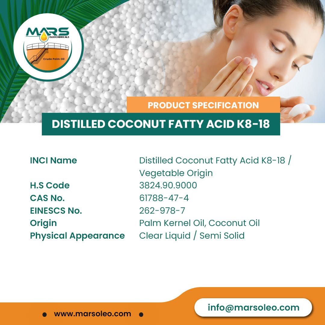 Distilled Coconut Fatty Acid K8-18 Specification Palm Kernel Oil Coconut Oil Malaysia
