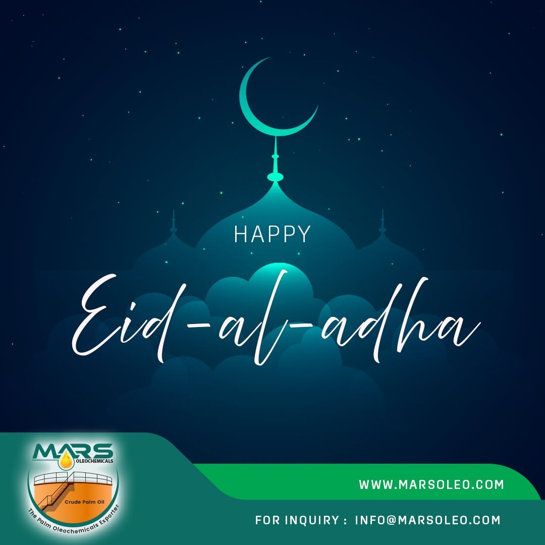 Happy Eid al-Adha with crescent moon and mosque silhouette from Mars Oleochemicals for 2025.