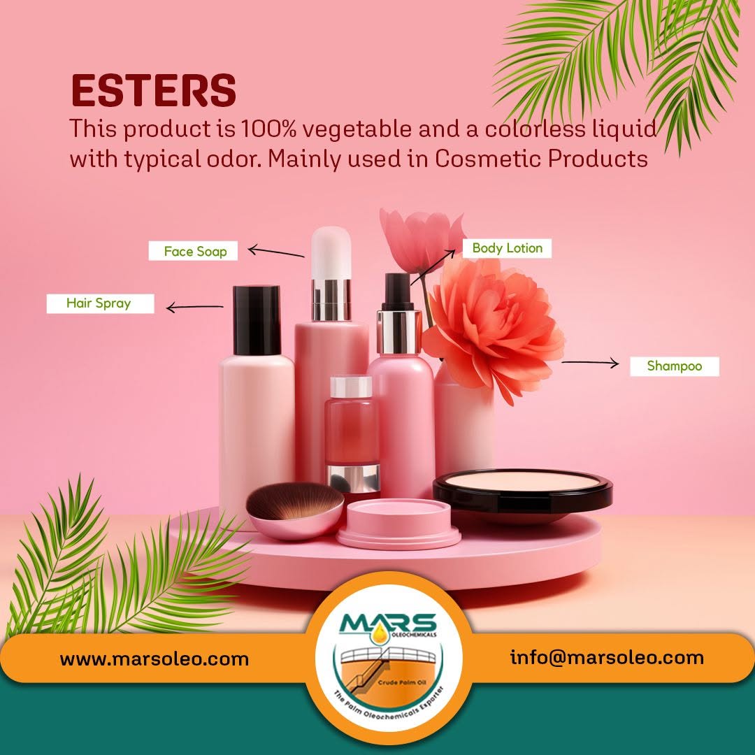 Mars Oleochemicals showing esters used in cosmetic and personal care products including hair spray, face soap, body lotion and shampoo, with pink cosmetic packaging, flowers, palm leaves and Mars Oleochemicals branding.