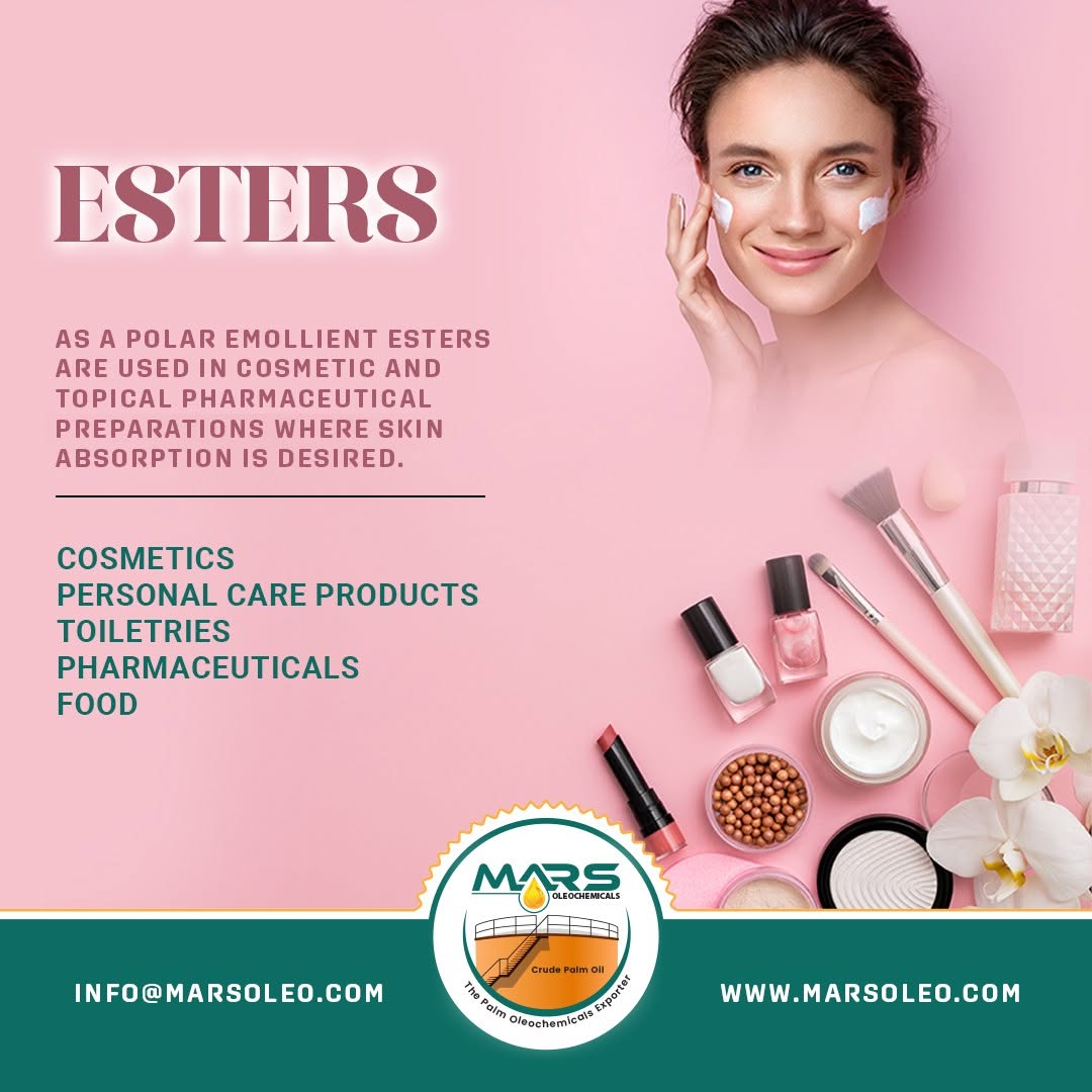 Fatty Acid Esters used in cosmetics, skincare, personal care, toiletries and selected pharmaceutical formulations.