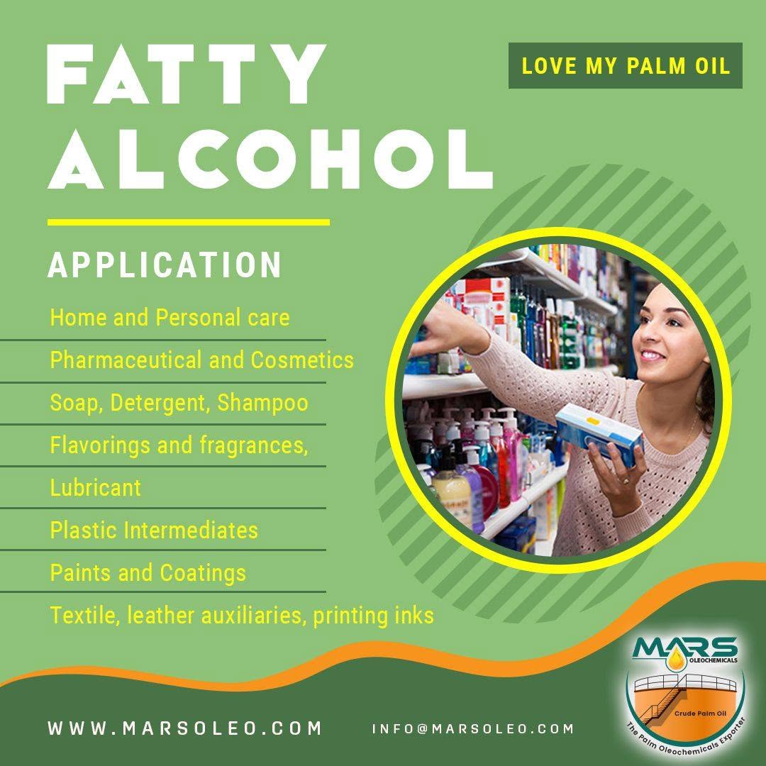 Fatty alcohol applications in personal care, cosmetics, pharmaceuticals, soap, detergents, shampoo, lubricants, plastics, paints, coatings, textiles, leather and printing inks by Mars Oleochemicals Malaysia