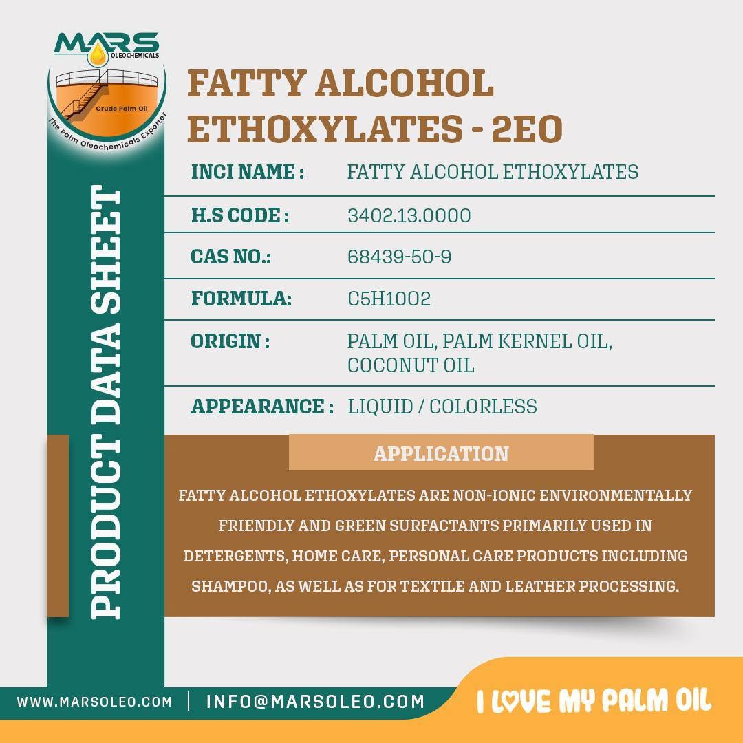 Fatty Alcohol Ethoxylates 2EO product data sheet, vegetable-oil and detergent, home care, personal care and textile applications