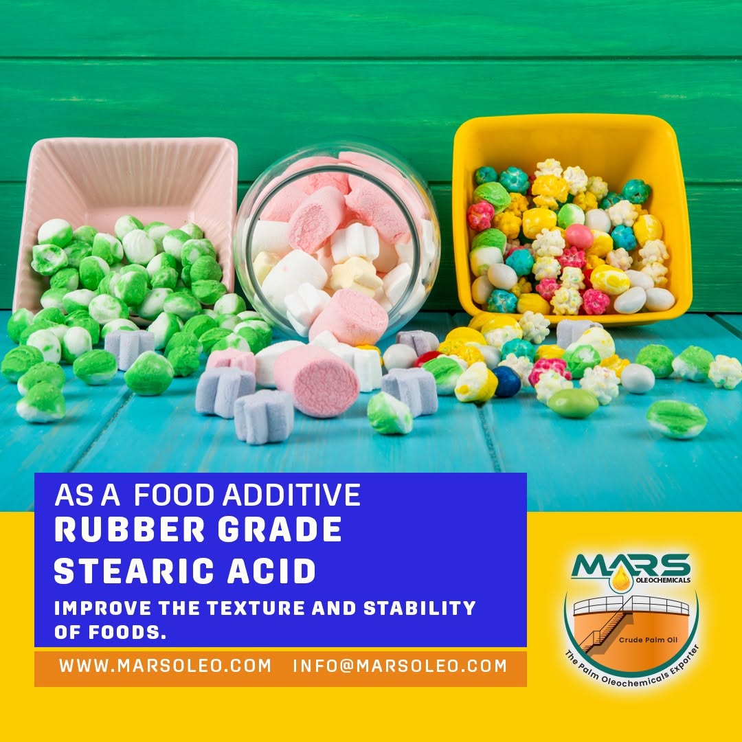 Mars Oleochemicals Stearic Acid featuring confectionery foods and highlighting food-grade fatty acid applications.