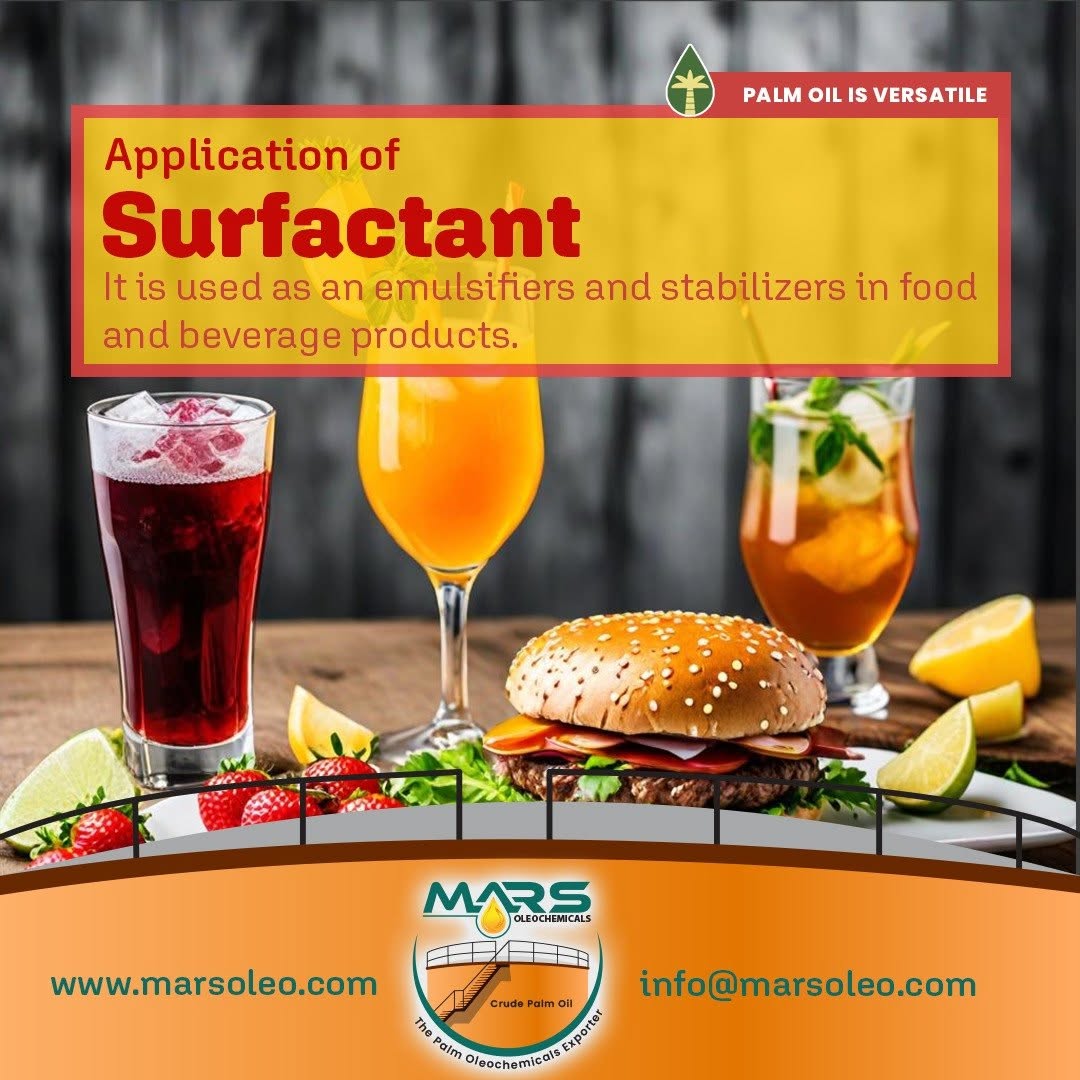 Burger, fruit and three beverages illustrating food-grade surfactant and emulsifier applications, with Mars Oleochemicals branding.