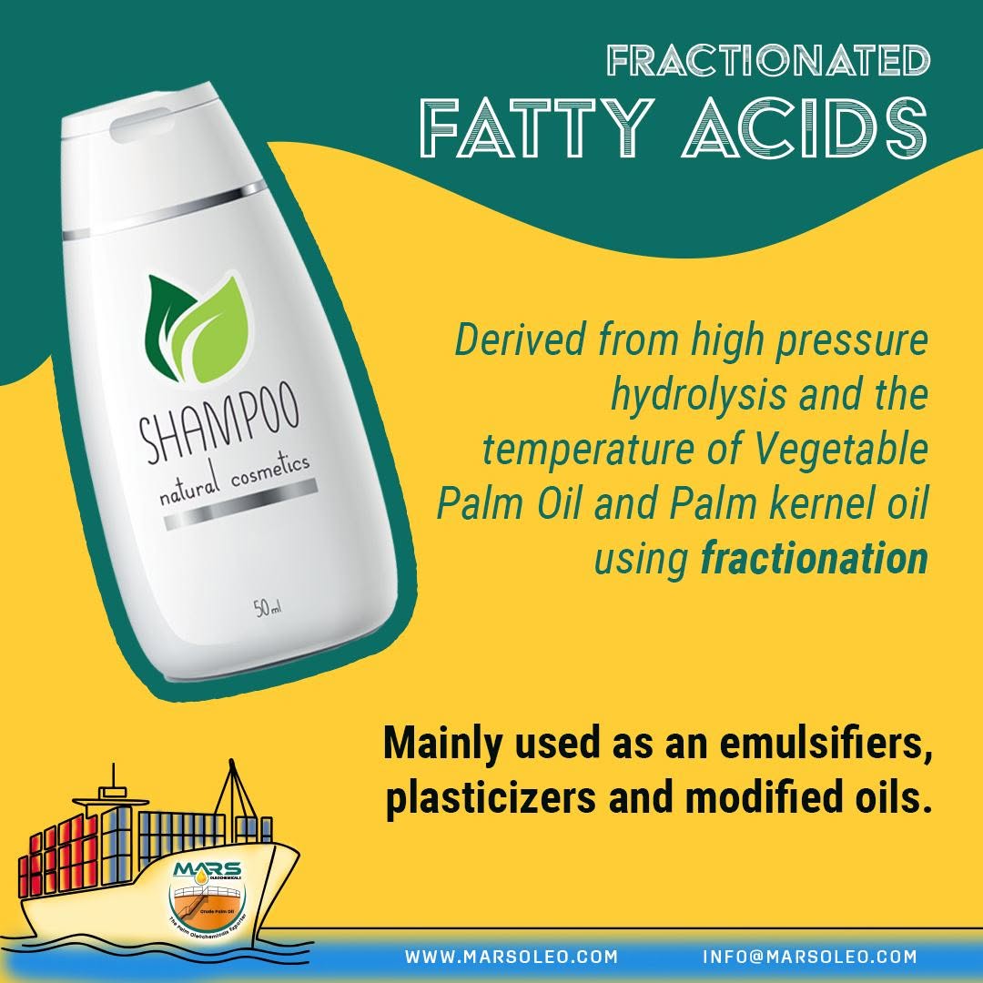 Fractionated fatty acids derived from palm and palm kernel oils for cosmetics, detergents and industrial applications.