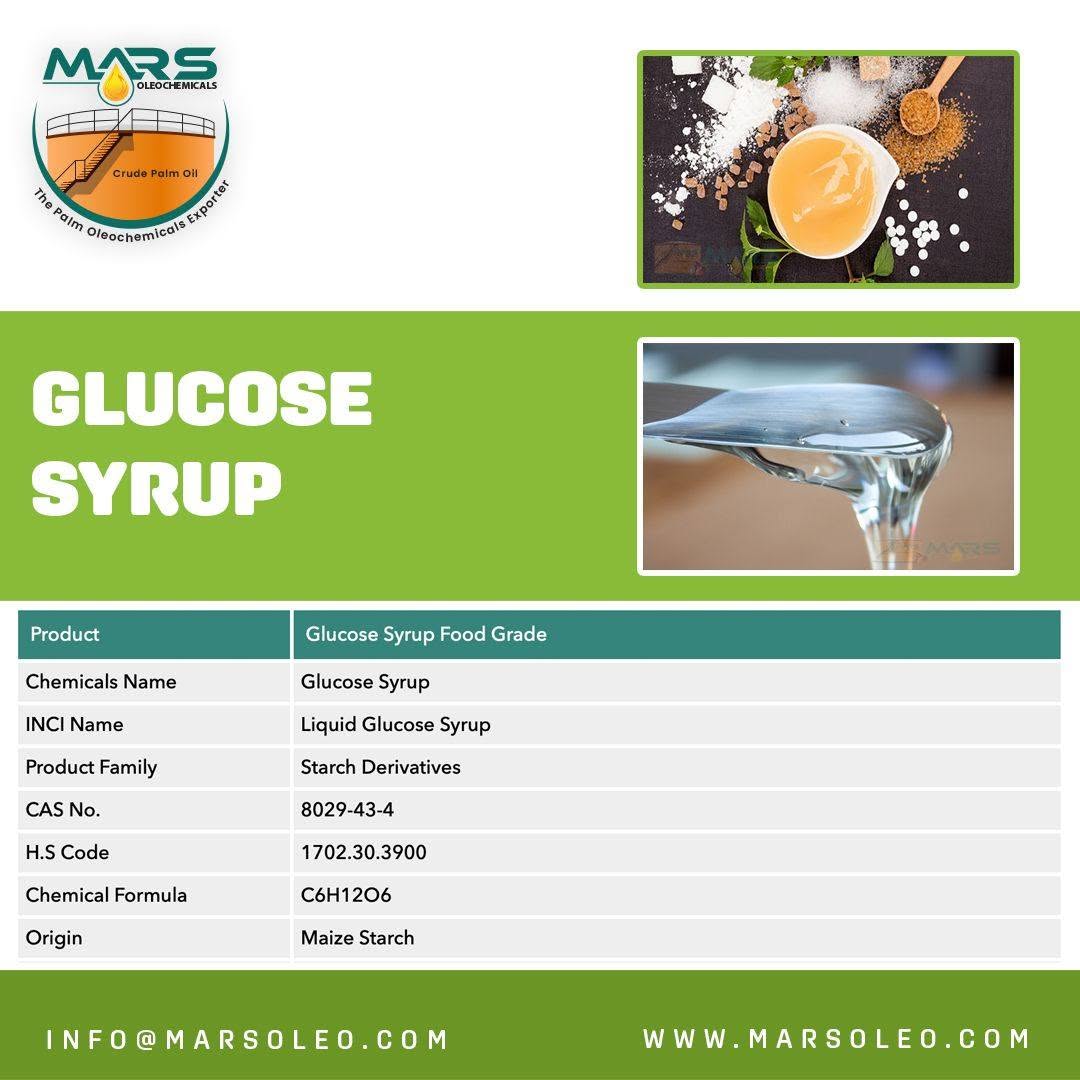 Glucose Syrup Food Grade graphic showing clear liquid glucose syrup and confectionery ingredient applications.