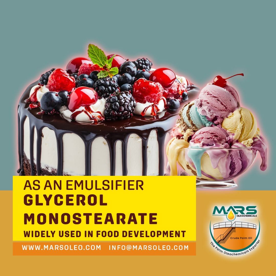 Mars Oleochemicals Glyceryl Monostearate featuring cake, berries and ice cream for food emulsifier applications.