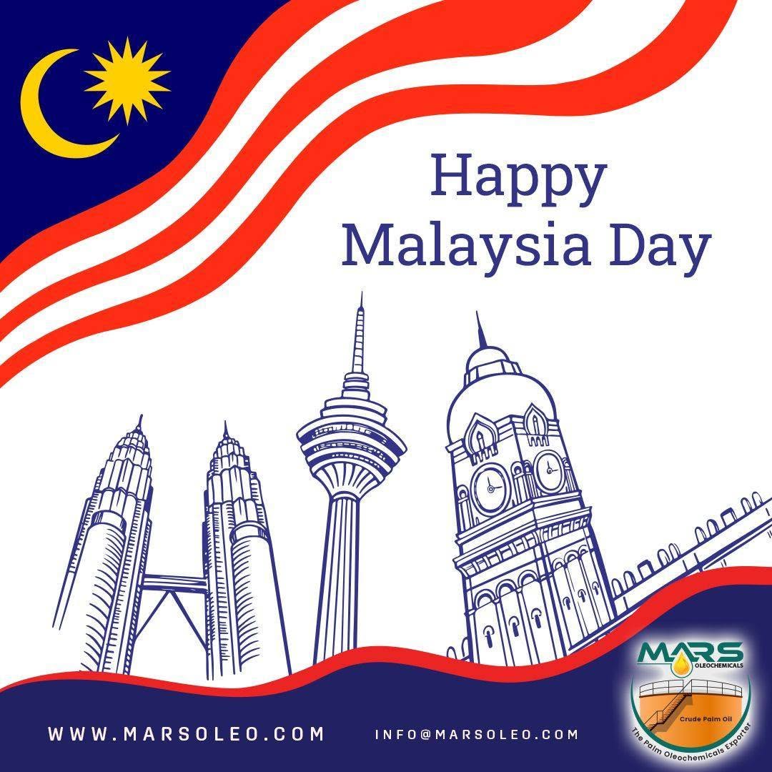 Happy Malaysia Day 2024 from Mars Oleochemicals featuring the Malaysian flag, Petronas Twin Towers, Kuala Lumpur Tower and Sultan Abdul Samad Building