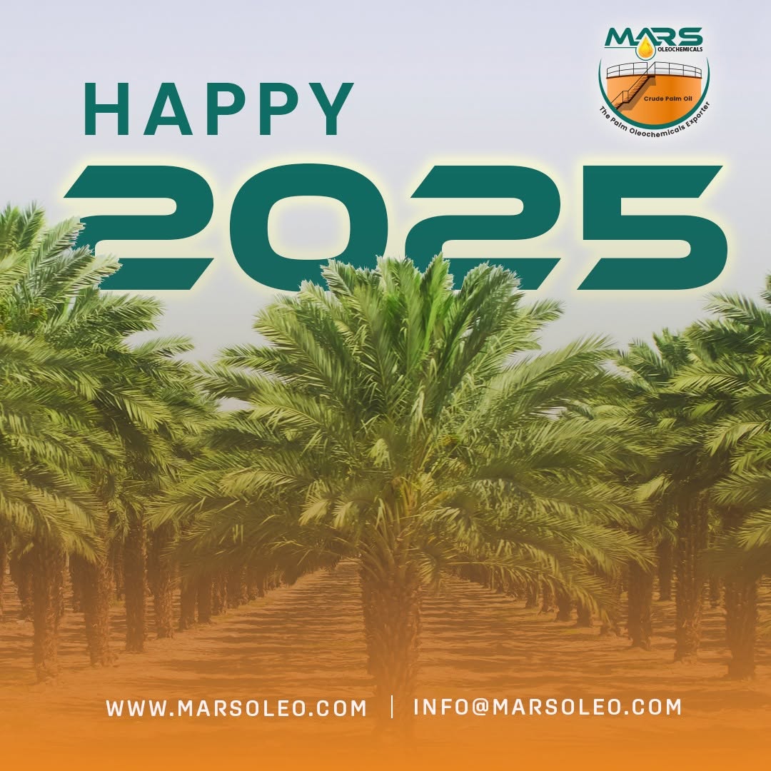 Mars Oleochemicals Happy New Year 2025 featuring a green oil palm plantation in Malaysia.