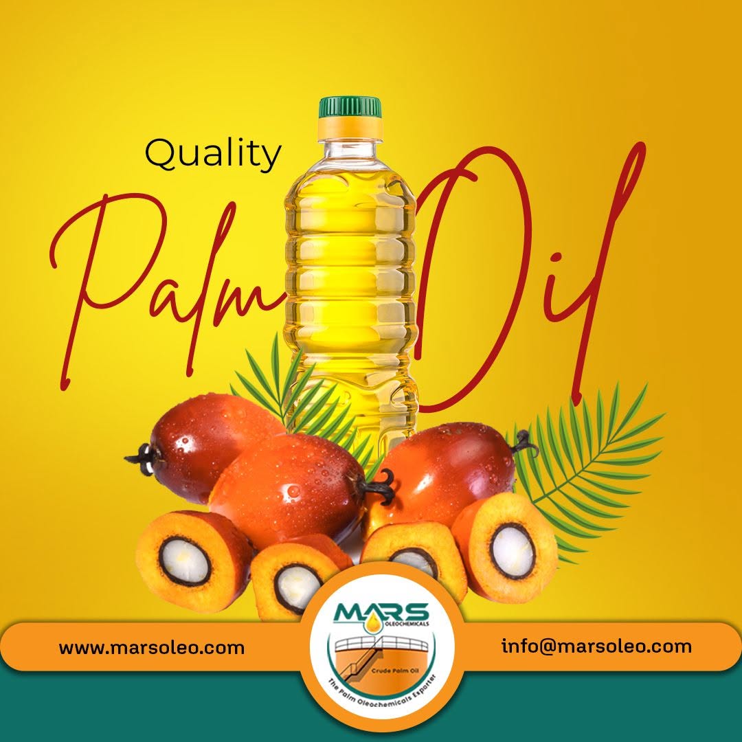 high-quality golden Palm Oil in a clear bottle surrounded by fresh red-orange oil palm fruits and green palm leaves, representing premium Palm Oil supply and worldwide export.