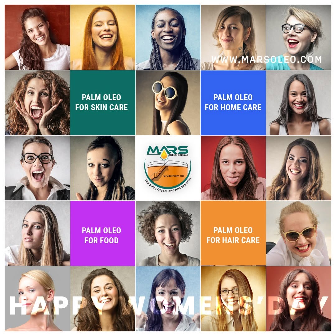Mars Oleochemicals International Women's Day featuring diverse women with palm oleo applications for skin care, home care, food and hair care.