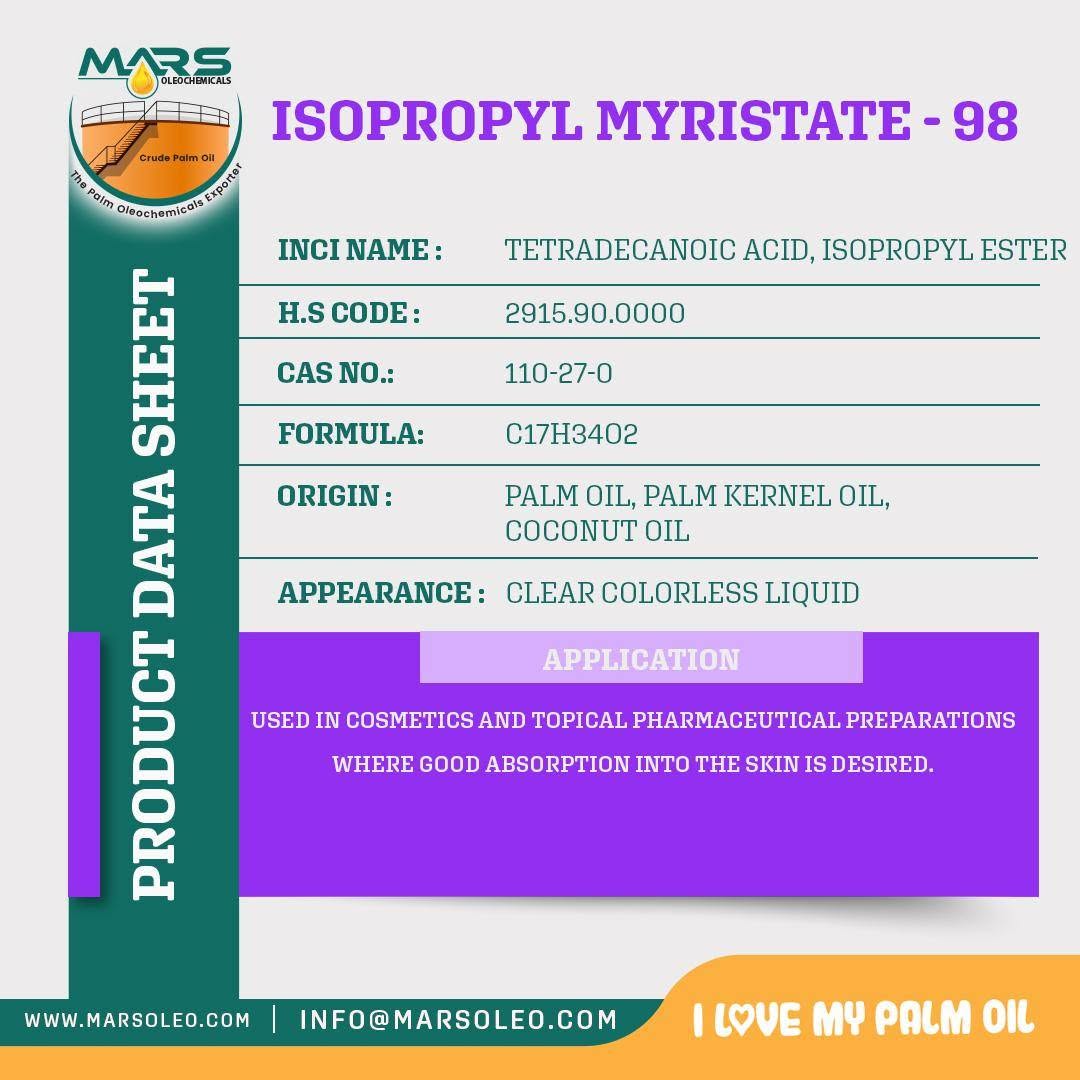 Isopropyl Myristate 98 product data sheet vegetable-oil feedstocks, clear colorless appearance and cosmetic and topical applications