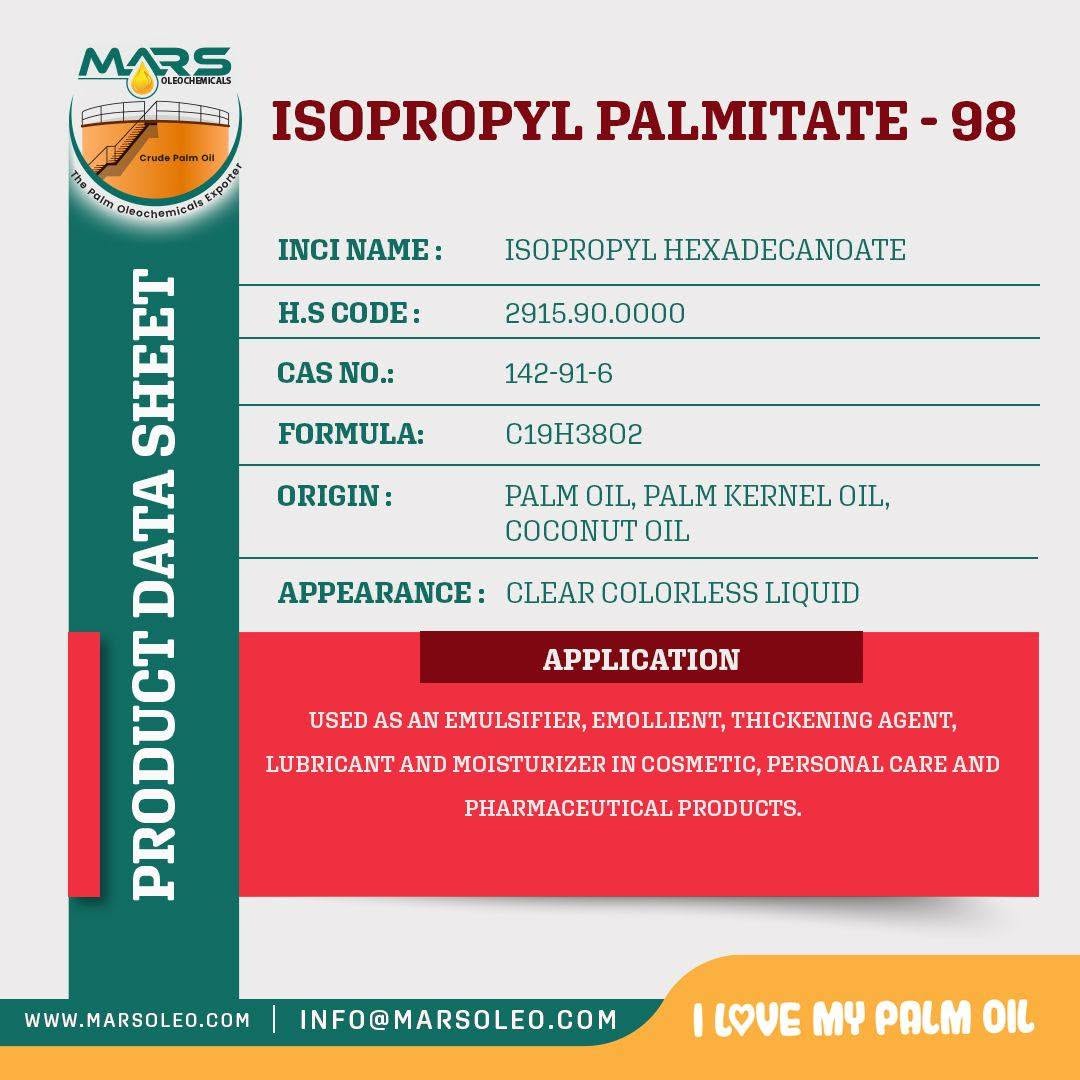 Isopropyl Palmitate 98 product data sheet clear colorless liquid appearance and cosmetic, personal care and pharmaceutical applications
