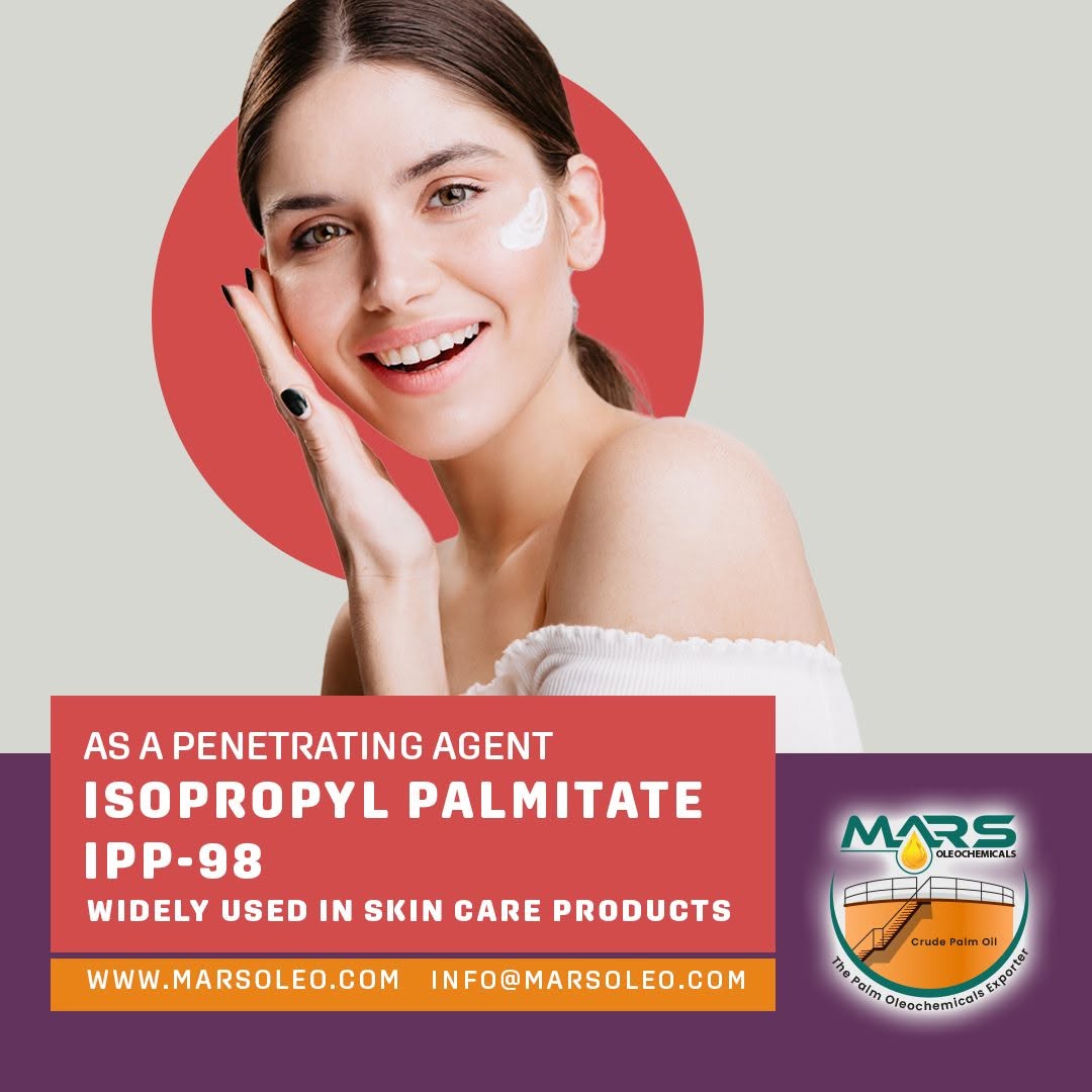 Mars Oleochemicals Isopropyl Palmitate IPP 98 featuring skincare cream and cosmetic formulation applications.