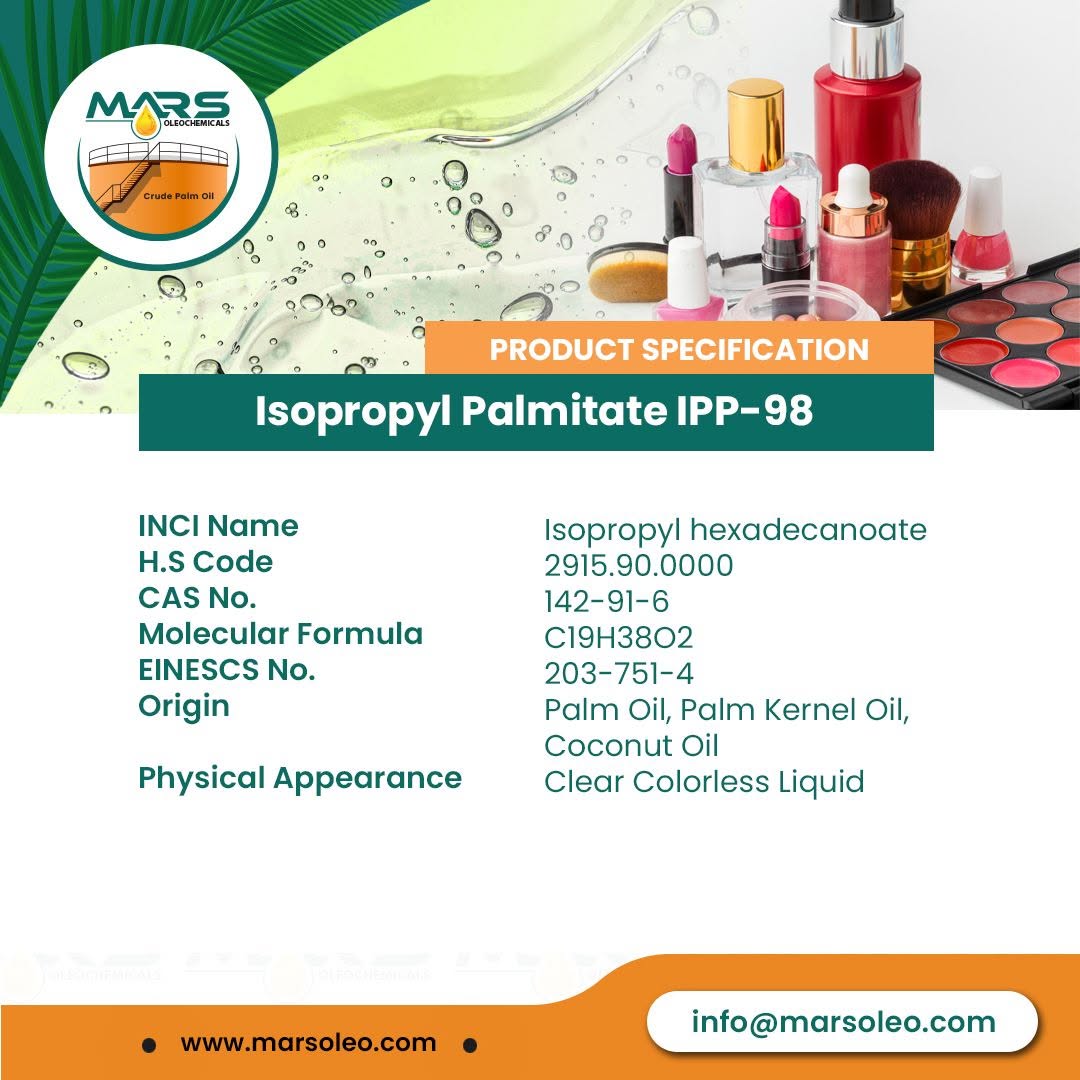Isopropyl Palmitate IPP-98 Palm Based Cosmetic Ester Supplier Malaysia