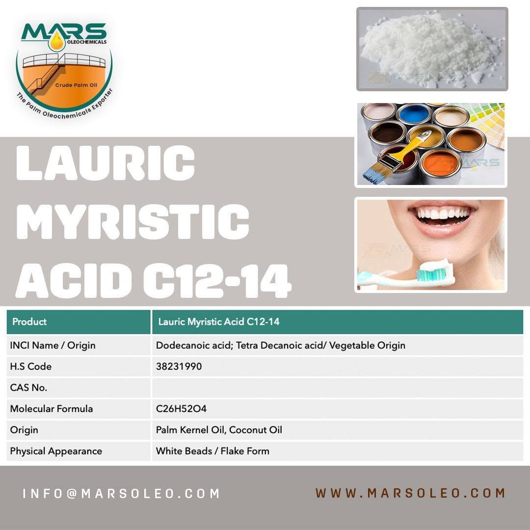 Lauric Myristic Acid C12-14 specification white fatty-acid flakes, paints and oral-care applications.