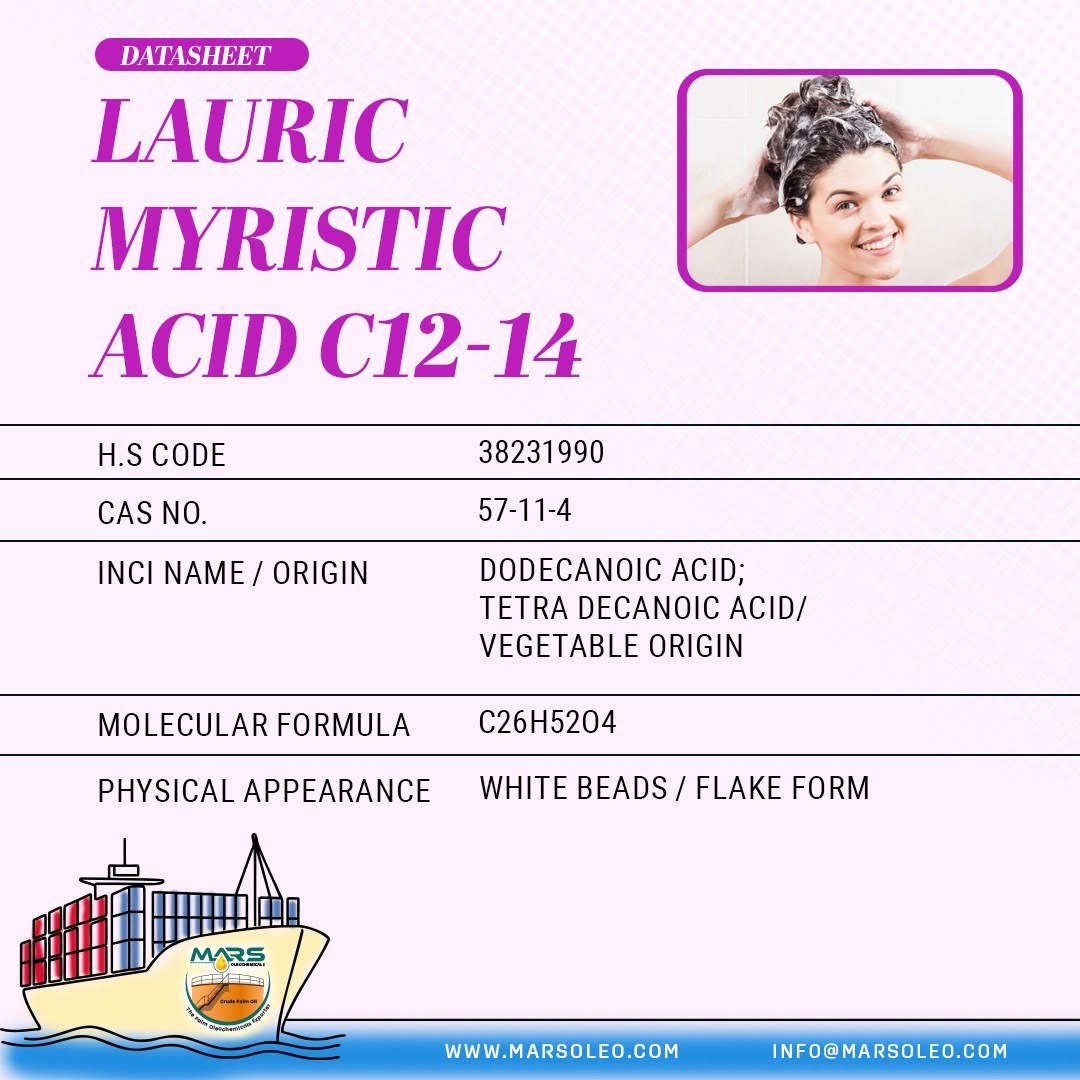 Vegetable-origin Lauric Myristic Acid C12-14 used in soaps, surfactants, cosmetics and industrial applications.
