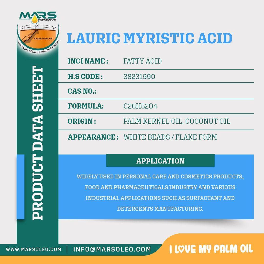 Lauric Myristic Acid product data sheet palm kernel oil and coconut oil origin, white beads or flakes, specifications and industrial applications