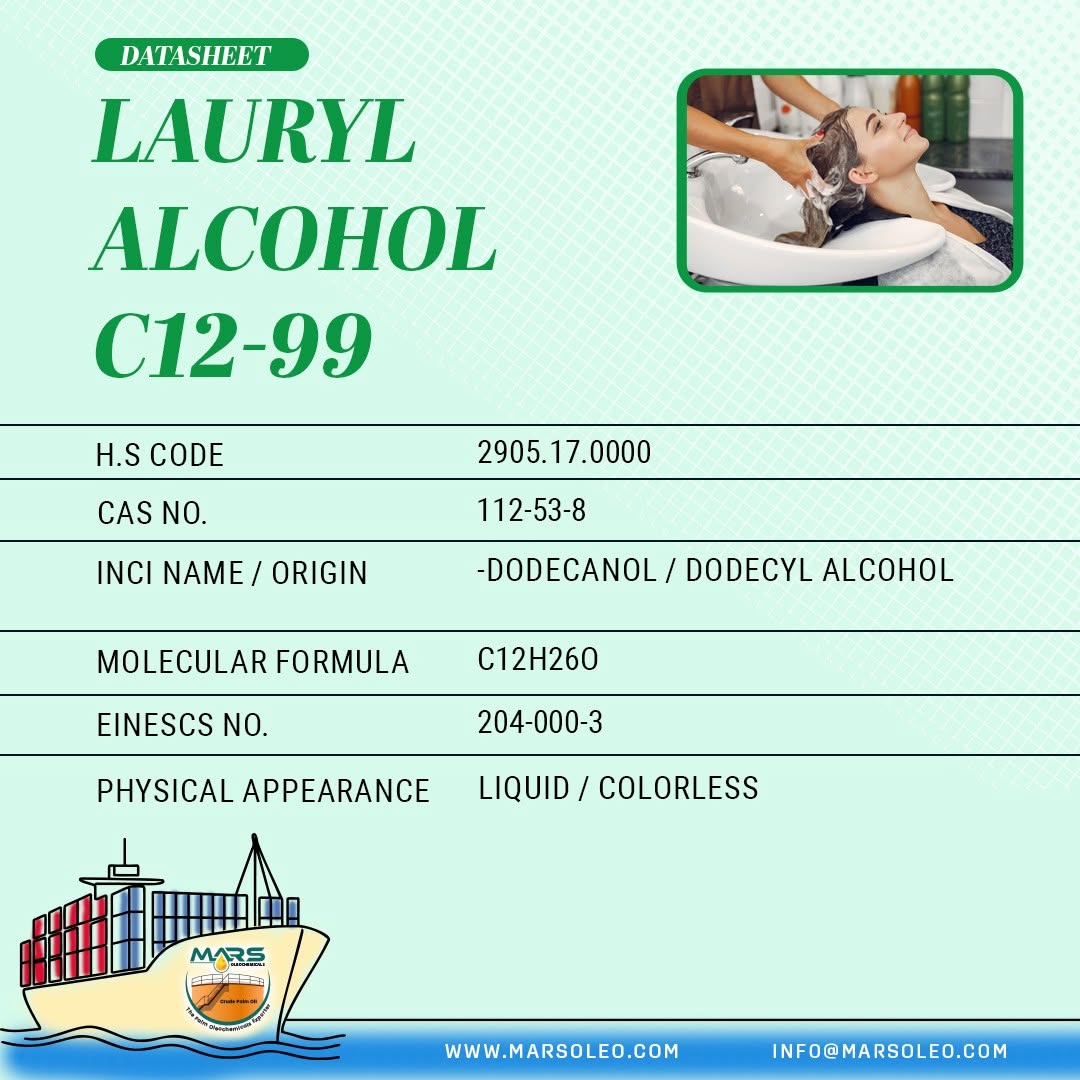 Lauryl Alcohol C12-99 vegetable-derived C12 fatty alcohol for surfactants, detergents and personal-care formulations.