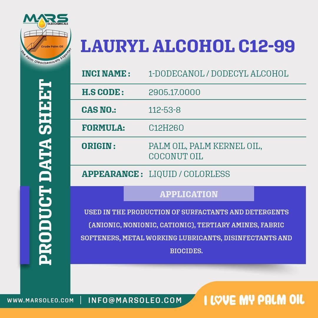 Lauryl Alcohol C12-99 product data sheet, vegetable oil, colorless appearance and surfactant and detergent applications