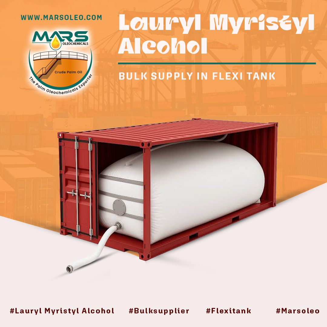 Lauryl Myristyl Alcohol bulk supply in a Flexi Tank container for international transportation, supporting cosmetics, personal care, detergent, surfactant and industrial applications worldwide.