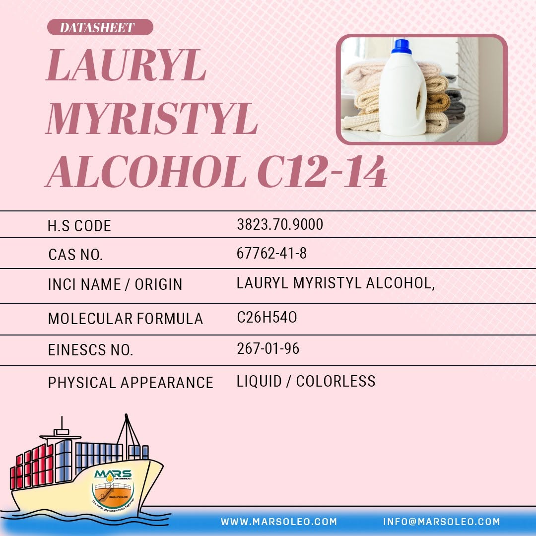Lauryl Myristyl Alcohol C12-14 vegetable-derived mixed fatty alcohol for detergents and surfactant manufacturing.