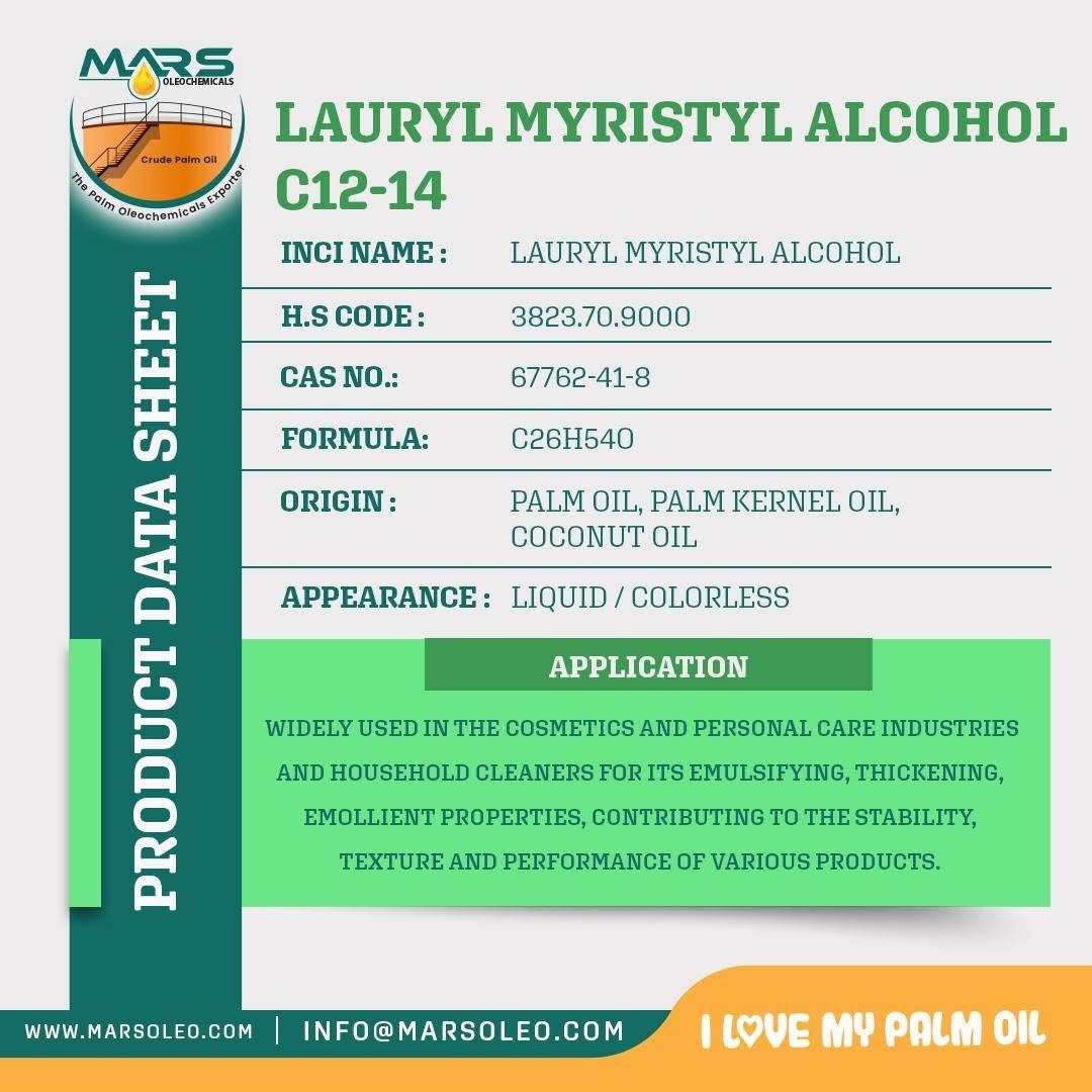 Lauryl Myristyl Alcohol C12-14 product data sheet vegetable oil origin, colorless appearance and cosmetic, personal care and household applications
