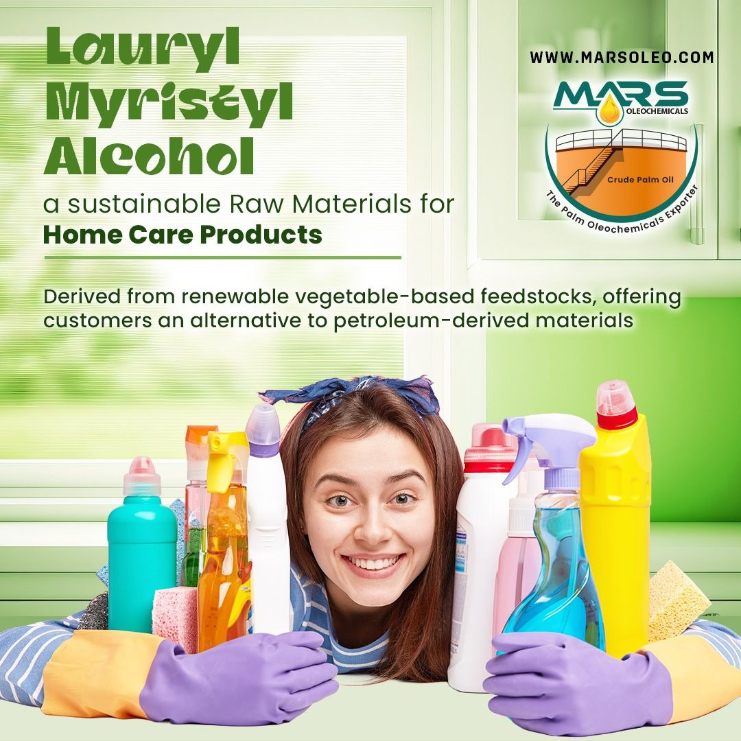 Lauryl Myristyl Alcohol supplied by Mars Oleochemicals as a sustainable, vegetable-derived raw material for home care products, household cleaners and detergent formulations.