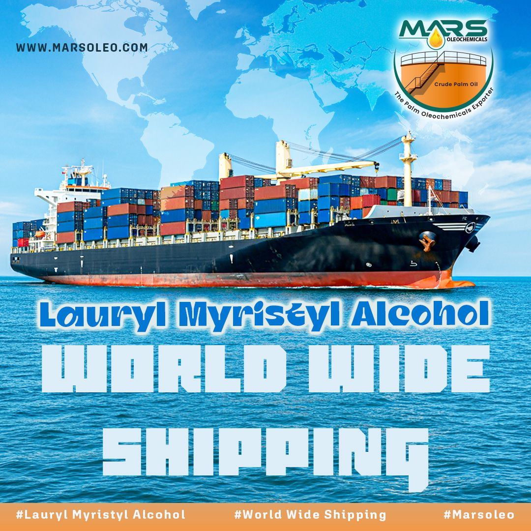 Lauryl Myristyl Alcohol worldwide shipping with a large cargo container ship at sea, a world map in the background and Mars Oleochemicals.